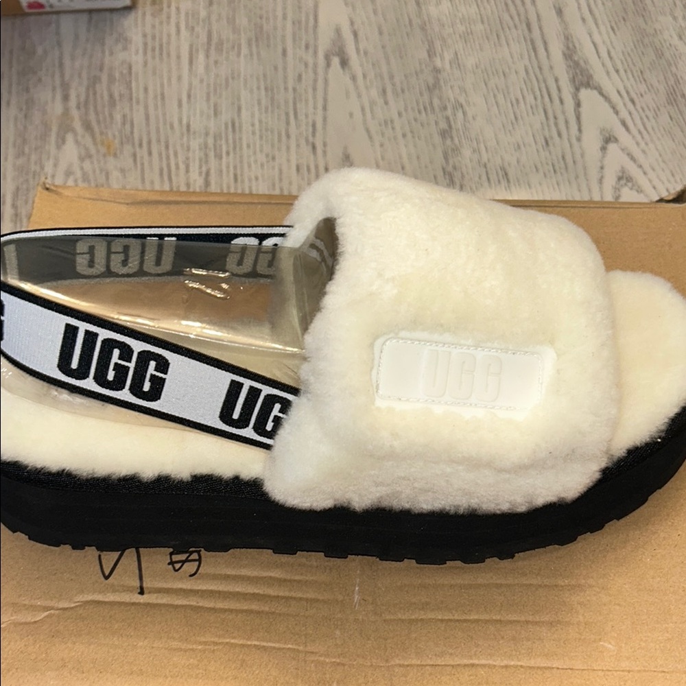 UGG Cream Fluffy Slide Sandals with Black Sole